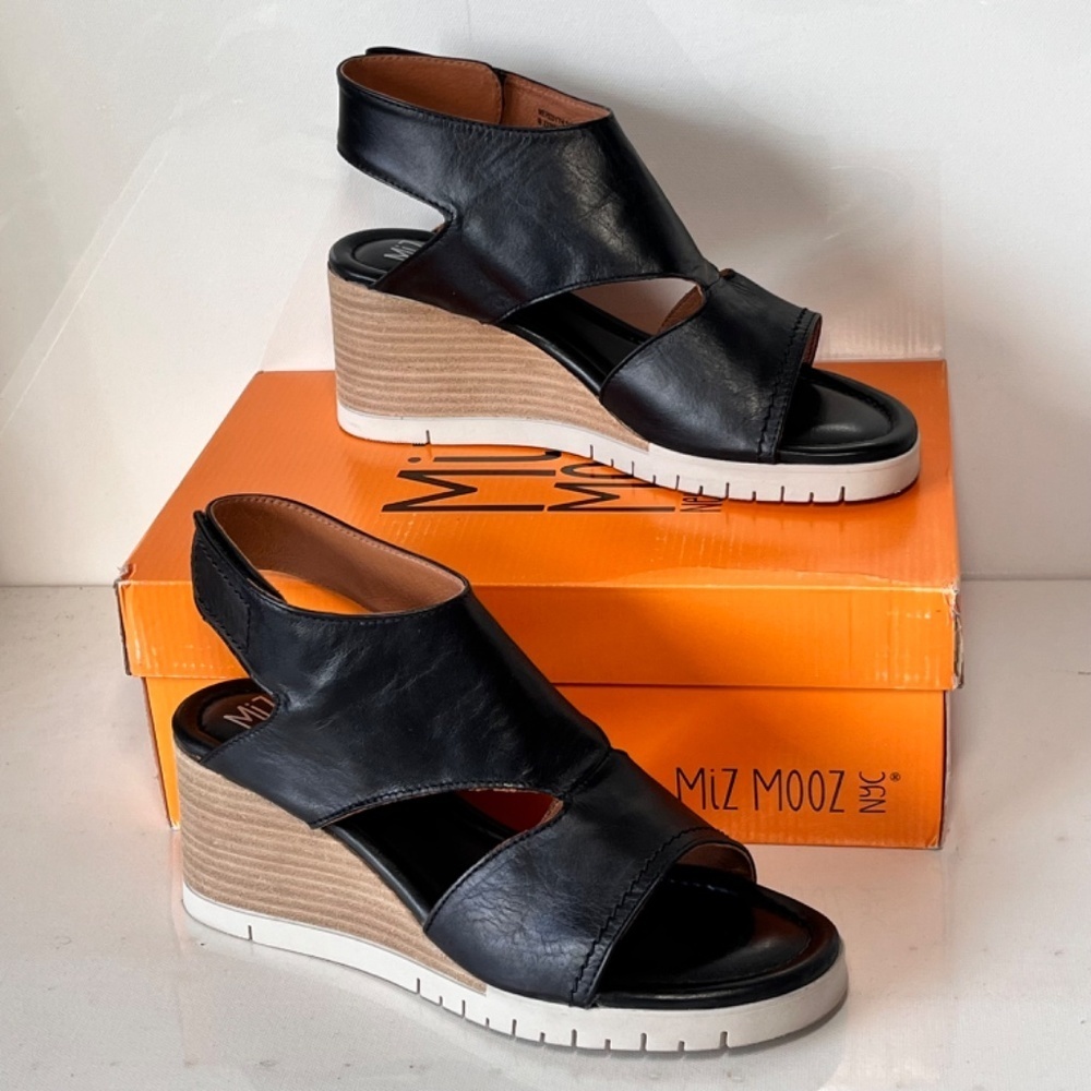 Miz Mooz Black Leather Wedge Sandals - Picture 4 of 8
